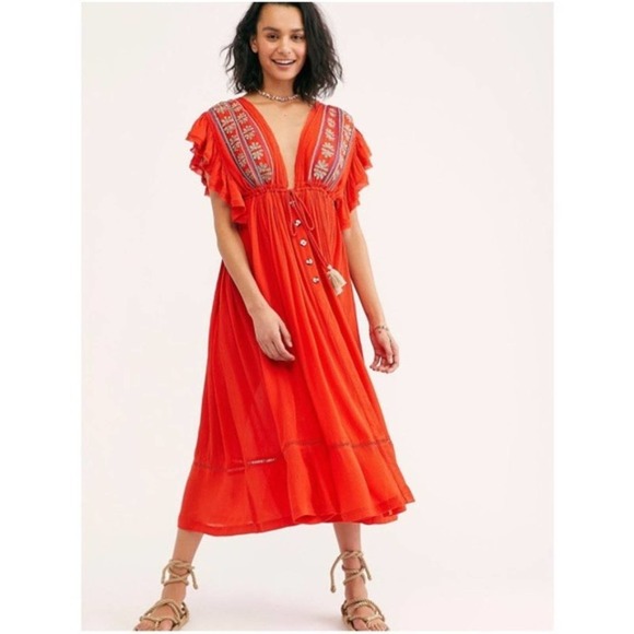 Free People Bali Will Wait For You Midi Red Dress Size Small - Picture 2 of 12